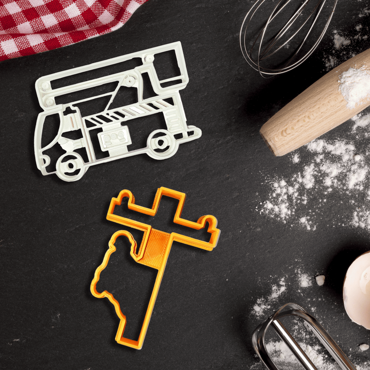Lineman On Utility Pole and Bucket Truck Cookie Cutter Set - USA Made on Baking Background