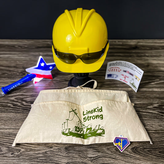 My Lineman, My Hero LineKid Dress Up Set - Adjustable Youth Size Hard Hat, Stickers to decorate hard hat, dark tinted youth safety glasses, LineKid Strong tool apron with pockets, light up star wand