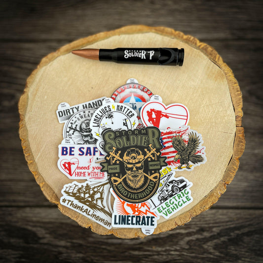 Storm Soldier Basic Set - 10 Mystery Lineman Hard Hat stickers and Bullet Shaped Bottle Opener