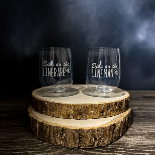 Dibs on the Lineman and Dibs on the LineBabe stemless wine cup set with light up LED Lineman coasters for linemen lineladies and linewives 