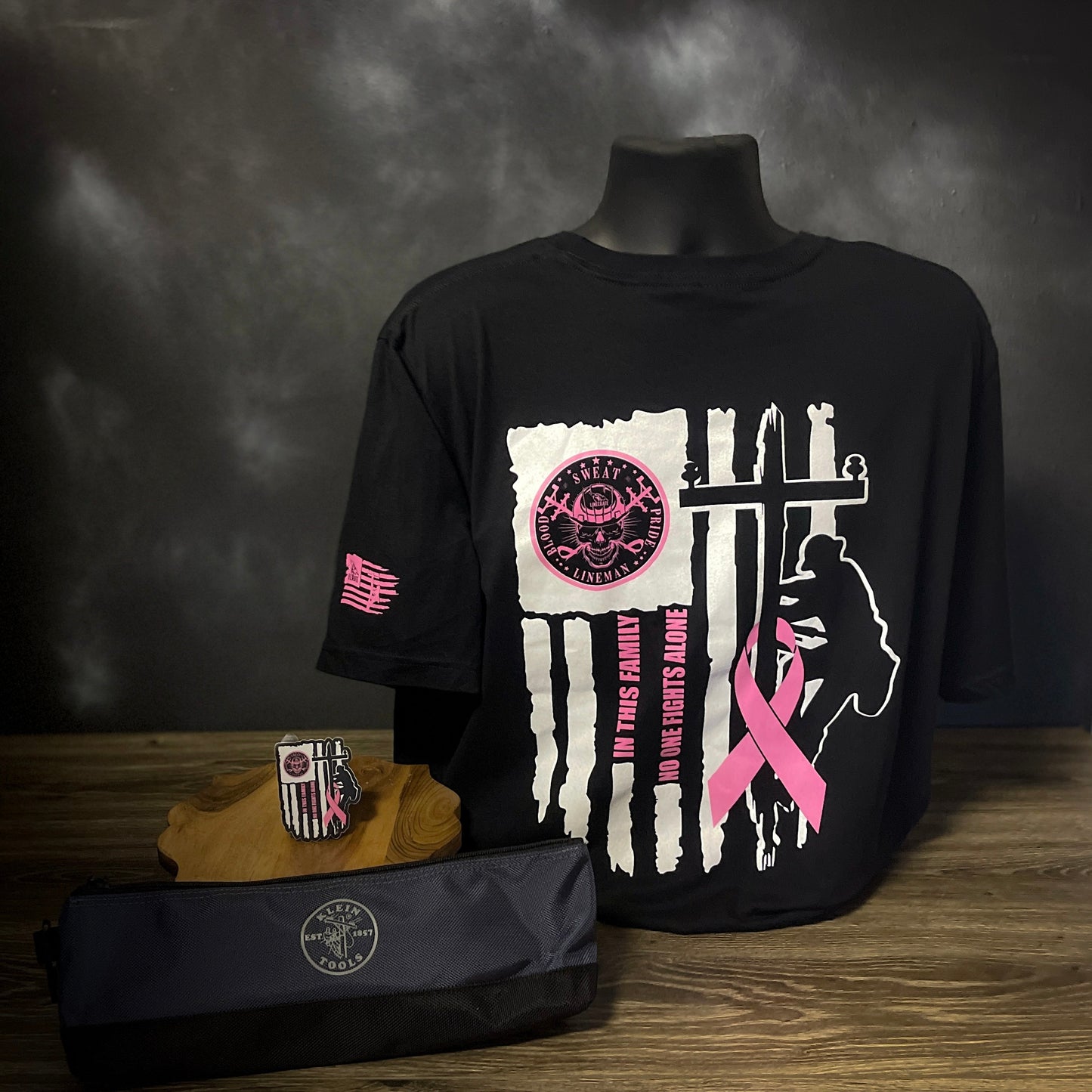 LineMan Breast Cancer Awareness t-shirt with pink ribbon, matching sticker, and Klein tool bag set